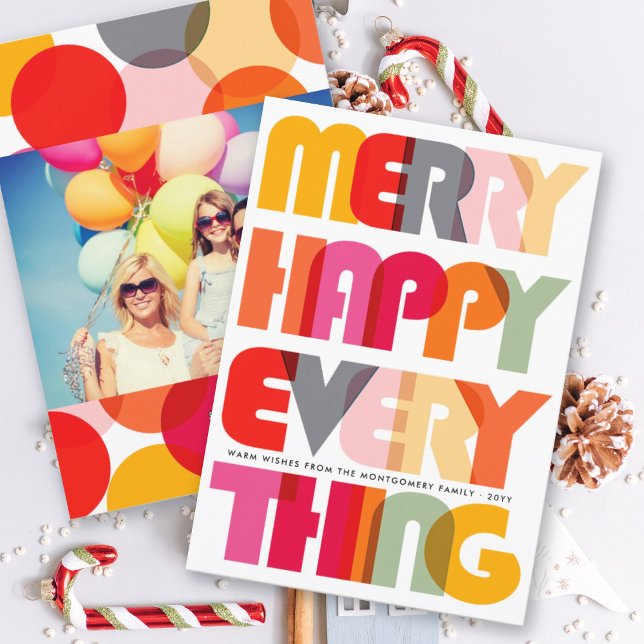 Merry Happy Everything Colourful Typography Photo Holiday Card (Creator Uploaded)