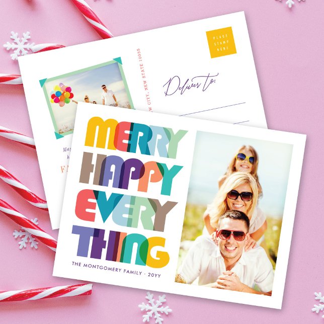 Merry Happy Everything Colourful Typography Photo Holiday Postcard (Creator Uploaded)