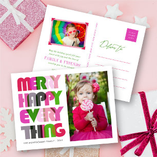 Merry Happy Everything Colourful Typography Photo Holiday Postcard