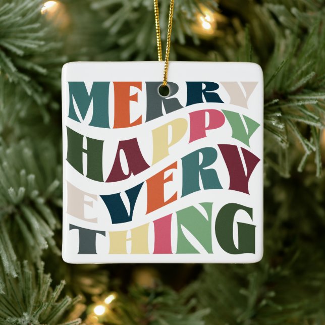 Merry Happy Everything Groovy Holiday Photo Ceramic Ornament (Tree)