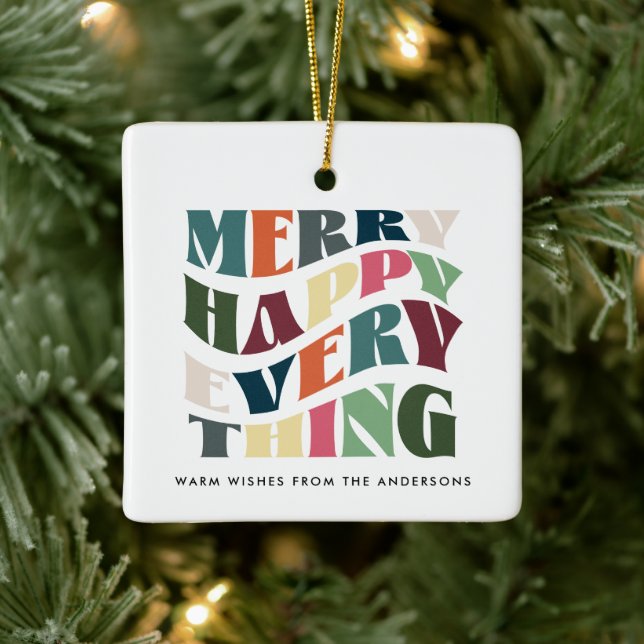 Merry Happy Everything Groovy Holiday Photo Ceramic Ornament (Tree)