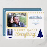 Merry Happy Everything Photo Navy Luxury Gold Foil Holiday Card<br><div class="desc">Add a touch of luxury to your holiday greetings with these real gold foil flat greeting cards featuring your photo and a navy blue Christmas tree and a matching Hanukkah Menorah. Add your photo to the upper left of the design where it will appear with rounded corners and a double...</div>