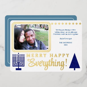 Merry Happy Everything Photo Navy Luxury Gold Foil Holiday Card
