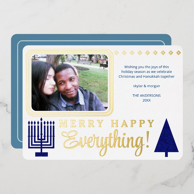 Merry Happy Everything Photo Navy Luxury Gold Foil Holiday Card (Front/Back)