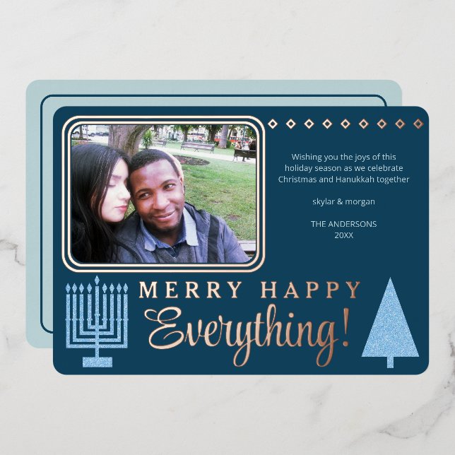 Merry Happy Everything Photo Navy Rose Gold Foil Holiday Card (Front/Back)