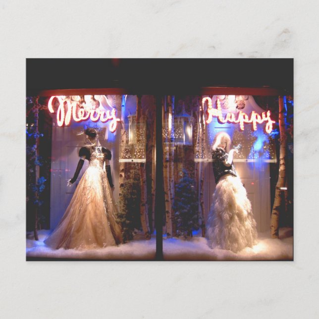 Merry Happy Fashion Gowns Holiday WIndows NYC Postcard (Front)