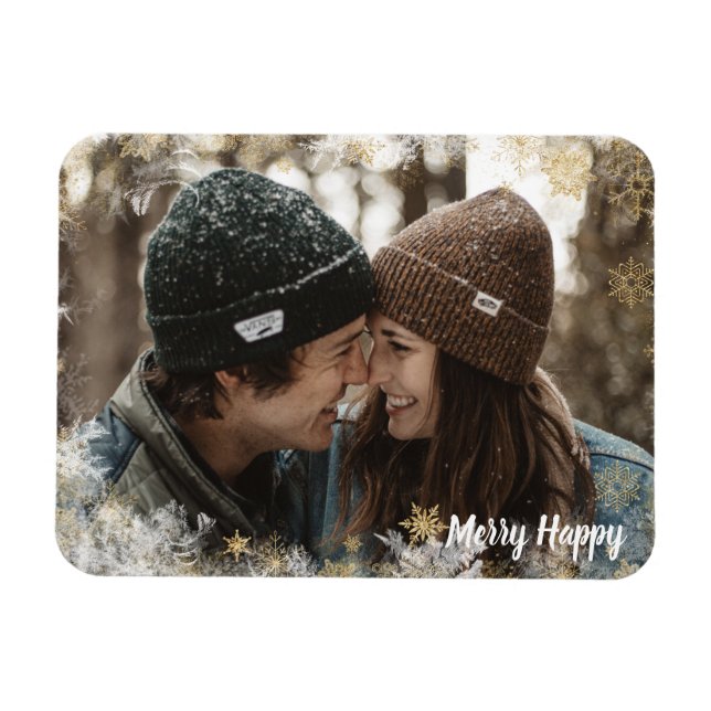 Merry Happy Personalised Photo Snowflake Frame Magnet (Horizontal)