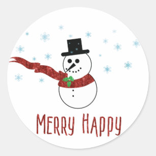 Merry Happy Snowman with Red Scarf Classic Round Sticker