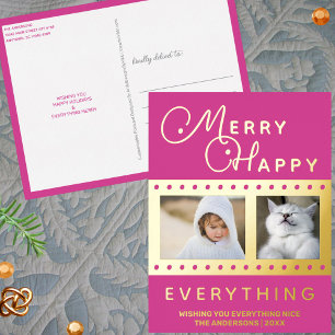 Merry Happy Stylish 2 Photo Word Art Pink Gold Foil Holiday Postcard