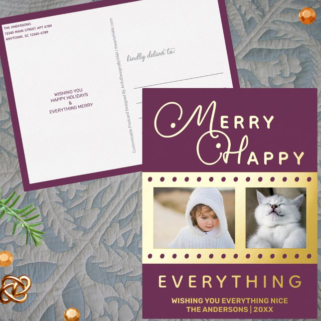 Merry Happy Stylish 2 Photo Word Art Purple Gold Foil Holiday Postcard (Real gold foil printing gives these Christmas postcards in dark purple a luxury feel)