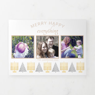 Merry Happy Tan Elegant Interfaith 5 Photo Tri-Fold Holiday Card