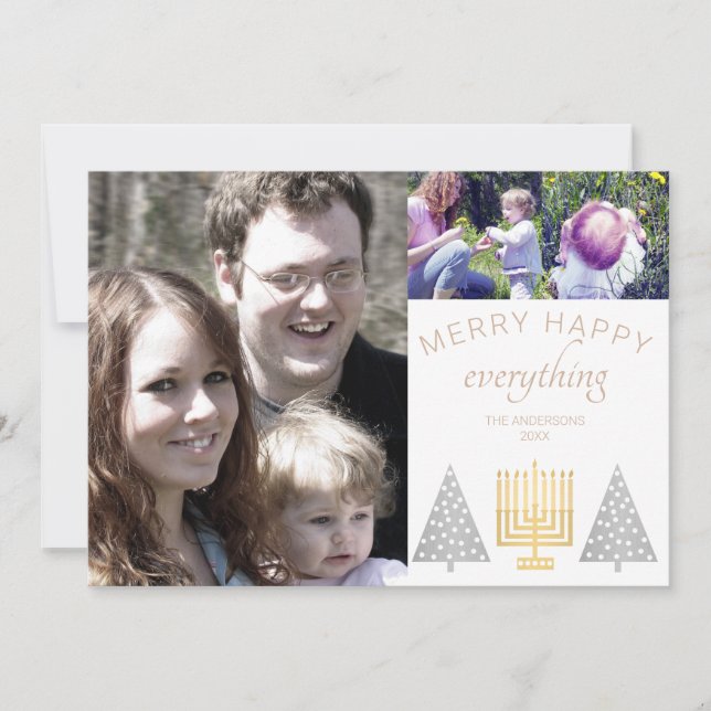 Merry Happy Tan Modern 3 Photo Collage Holiday Card (Front)