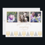 Merry Happy Tan Simple 3 Photo Collage Holiday Card<br><div class="desc">Personalise these 3 photo collage holiday cards in a simple tan and white Merry Happy Everything interfaith design. A modern mix of fonts in a neutral tan colour adds interest and the row of five gold Menorahs and four silver grey trees with polka dots makes these flat holiday cards a...</div>
