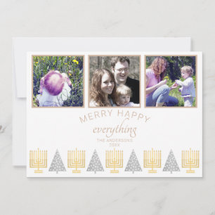 Merry Happy Tan Simple 3 Photo Collage Holiday Card