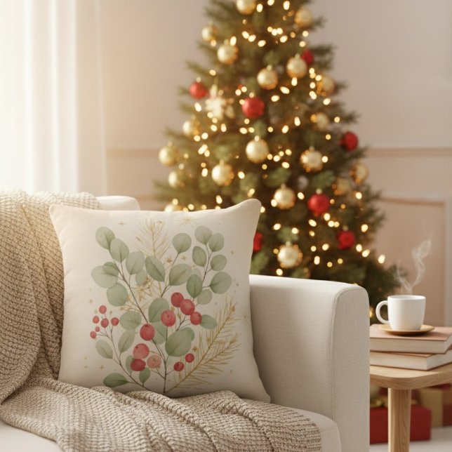 Merry Hearth: Rustic Christmas Botanical Watercolo Cushion (Creator Uploaded)