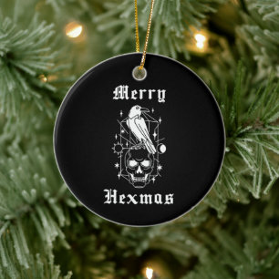 Merry Hexmas Witch Skull Spooky Witchcraft Ceramic Ornament