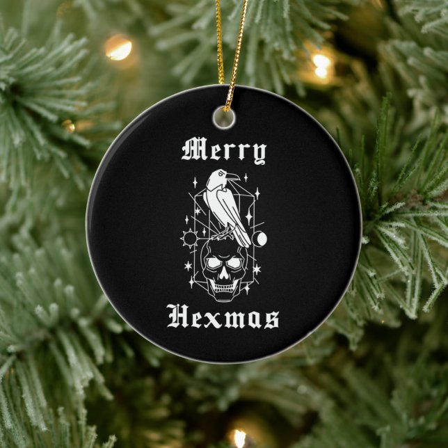 Merry Hexmas Witch Skull Spooky Witchcraft Ceramic Ornament (Tree)