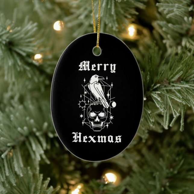 Merry Hexmas Witch Skull Spooky Witchcraft Ceramic Ornament (Tree)