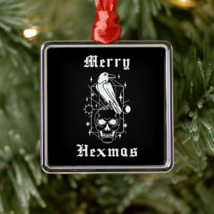 Merry Hexmas Witch Skull Spooky Witchcraft Metal Ornament