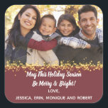 Merry Holiday Christmas Cheer Family Photo Gold Square Sticker<br><div class="desc">Wish all your family and friends a holiday greeting this Christmas, New Years, Hanukah and Kwanzaa Add your favourite photo to create your own customised sticker. Place sticker on gifts, invite envelopes and greeting card envelopes. Monogram with your family name. Design includes gold sparkle overlay to highlight your own photo....</div>