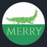 Merry Holiday Gator Classic Round Sticker<br><div class="desc">A rather fun Holiday sticker for packages and more featuring dagdart's iconic "Lily" the alligator dressed for the season.</div>