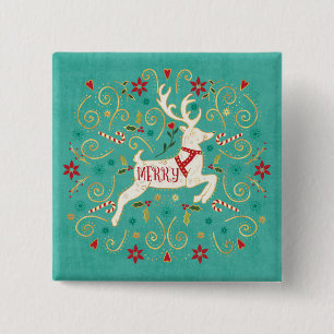 Merry Holiday Teal Reindeer 15 Cm Square Badge