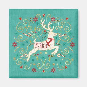 Merry Holiday Teal Reindeer Magnet