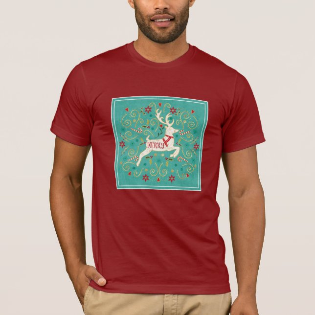Merry Holiday Teal Reindeer T-Shirt (Front)