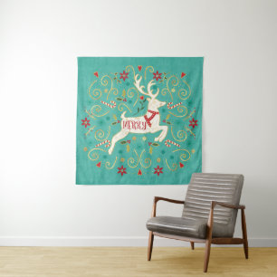 Merry Holiday Teal Reindeer Tapestry