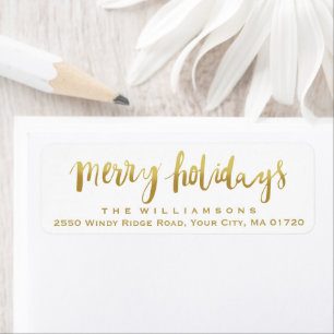 Merry Holidays Elegant Gold Script Custom White Return Address Label