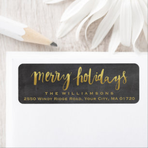 Merry Holidays Trendy Gold Script Chalkboard Return Address Label