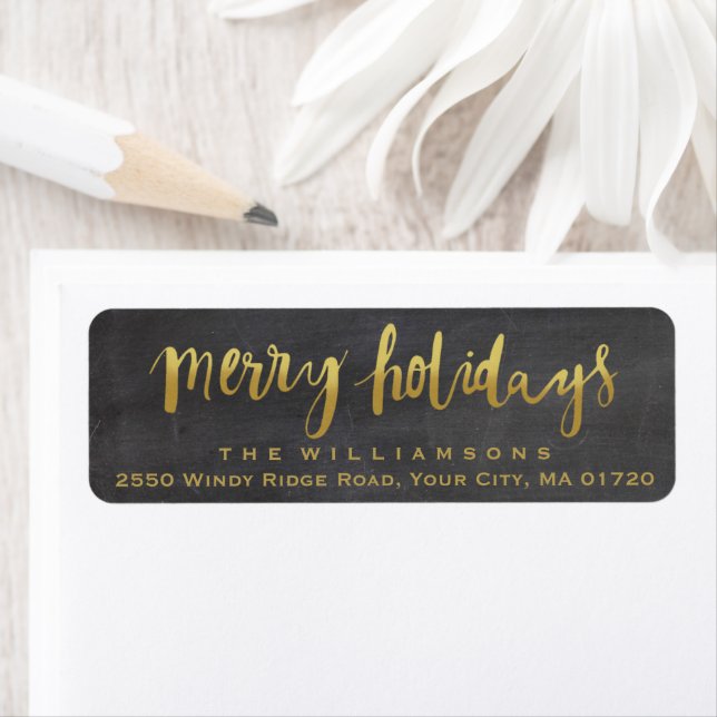 Merry Holidays Trendy Gold Script Chalkboard Return Address Label (Insitu)