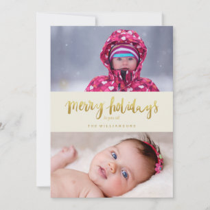Merry Holidays Two Photos   Hand-lettered Gold Holiday Card