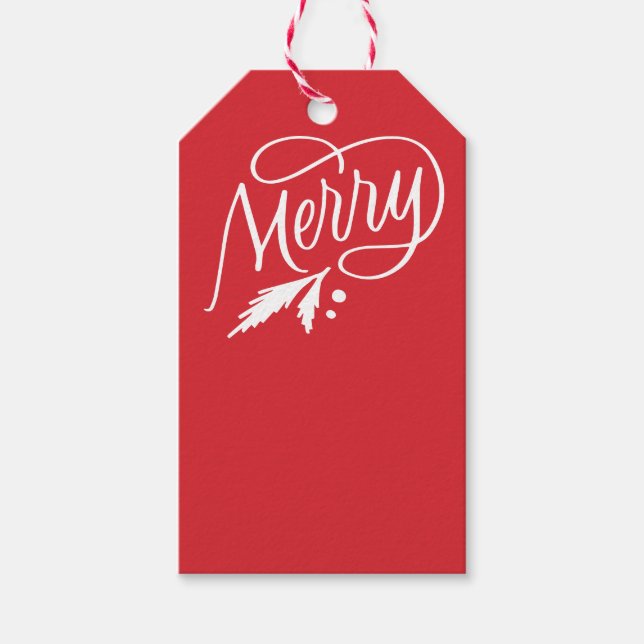 Merry holly evergreen bright red gift tag (Front)