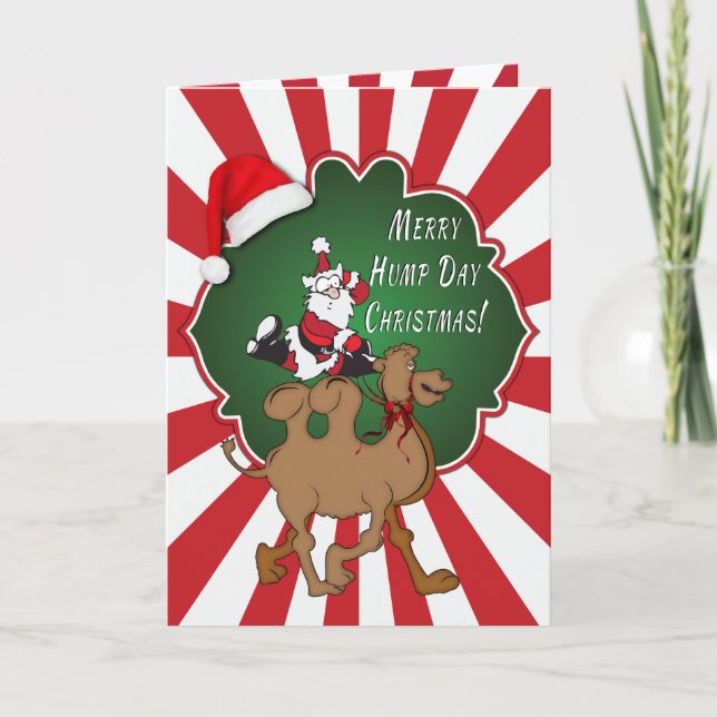 Merry Hump Day Christmas Camel Red Starburst Holiday Card (Front)