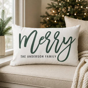 Merry Hunter Green Script Family Christmas Lumbar Cushion