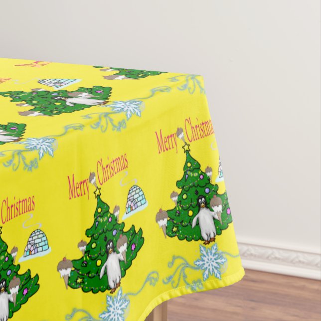 Merry Ice Cream Christmas Tablecloth, Penguin  Tablecloth (In Situ)