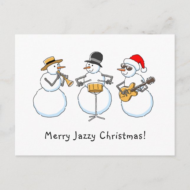 Merry Jazzy Christmas Funny Snowman Jazzband Holiday Postcard (Front)