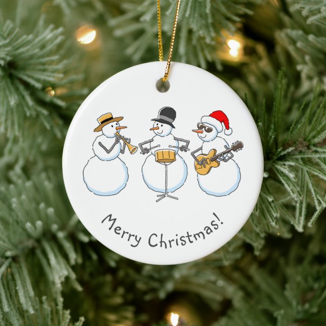 Merry Jazzy Christmas Snowman Funny Jazzband Ceramic Ornament (Tree)