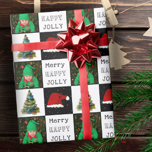 Merry Jolly Christmas Tree Santa Hat Family Photo Wrapping Paper
