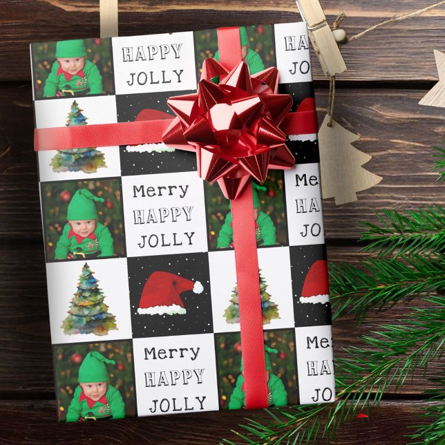 Merry Jolly Christmas Tree Santa Hat Family Photo Wrapping Paper (Creator Uploaded)
