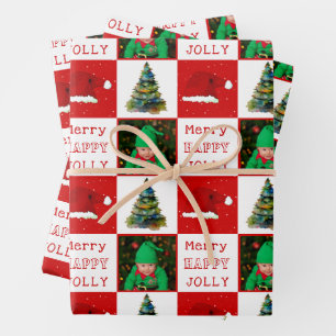 Merry Jolly Christmas Tree Santa Hat Family Photo Wrapping Paper Sheet