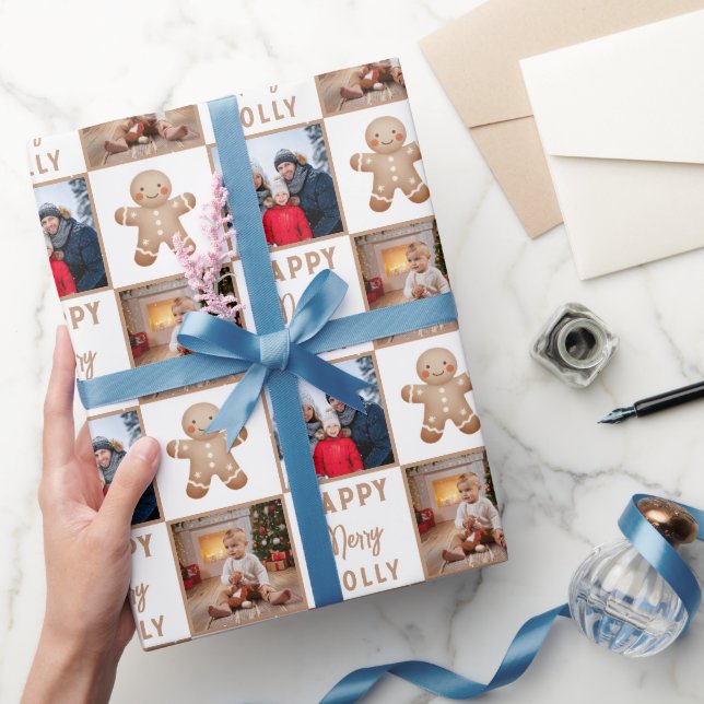 Merry Jolly Gingerbread Family 2 Photo Christmas Wrapping Paper (Gifting)