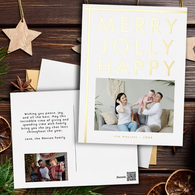 Merry Jolly Happy Family Photo Christmas Foil Holiday Postcard (Creator Uploaded)