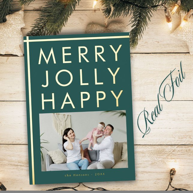 Merry Jolly Happy Family Photo Christmas Gold Foil Holiday Card (Creator Uploaded)