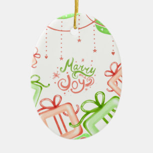 Merry Joy Christmas Greetings with Gifts Design Ceramic Ornament