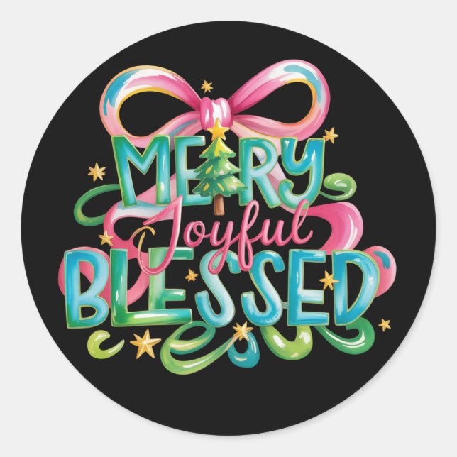 Merry Joyful Blessed Colourful Brushstroke Xmas Bo Classic Round Sticker (Front)