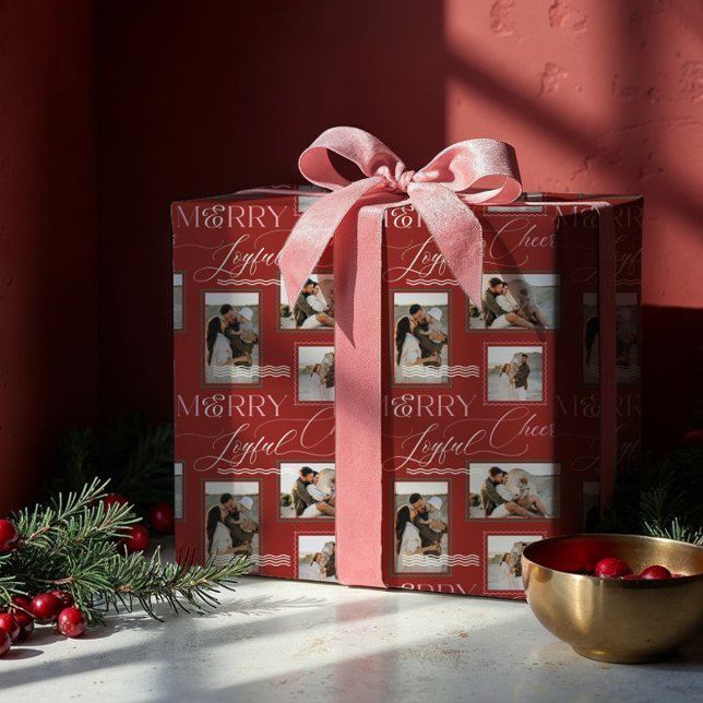 Merry Joyful Cheer Wavy Retro Modern Photo Collage Wrapping Paper (Merry Joyful Cheer Wavy Retro Modern Photo Collage Wrapping Paper)