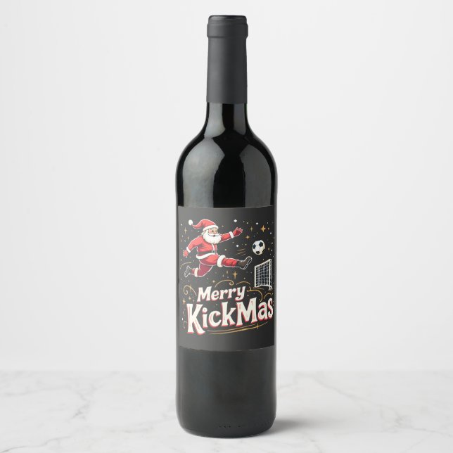 Merry Kickmas Funny Santa Claus Soccer Lovers Wine Label (Front)