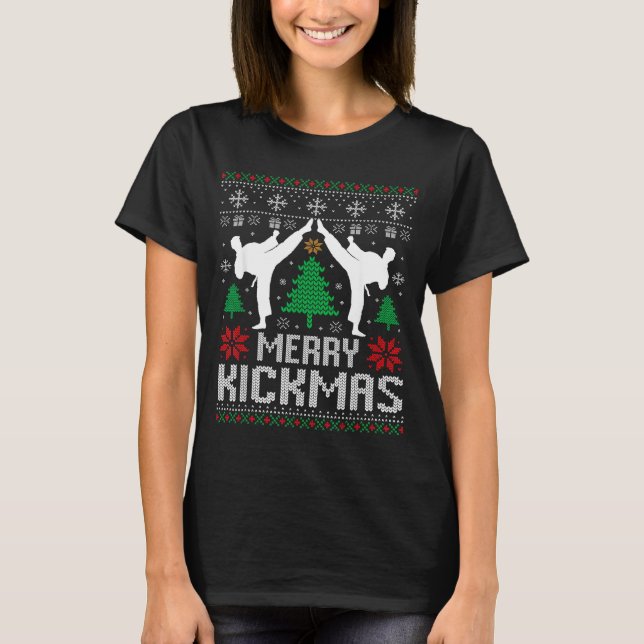 Merry Kickmas Karate Jiu Jitsu Ugly Christmas Xmas T-Shirt (Front)